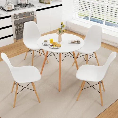 Vista 9 de Tangkula Juego de 4 mesas de comedor redondas y sillas de cocina con asiento ergonómico y patas de madera maciza, juego de comedor moderno de 5