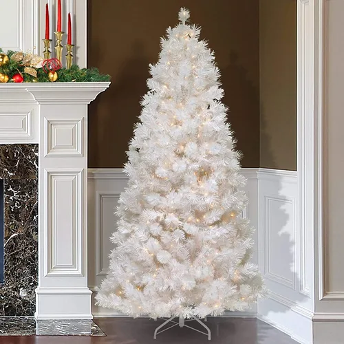 Vista 2 de Sauce Wispy Grande, esbelto, color blanco con purpurina plateada y 500 luces de color blanco, con bisagras de plata, de National Tree Company