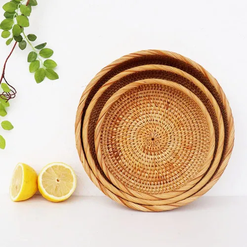 Vista 5 de I-lan Cestas de pan redondas de 10 pulgadas con pared de 2 pulgadas, cesta de frutas de ratán con borde enrollado, cesta decorativa natural de L