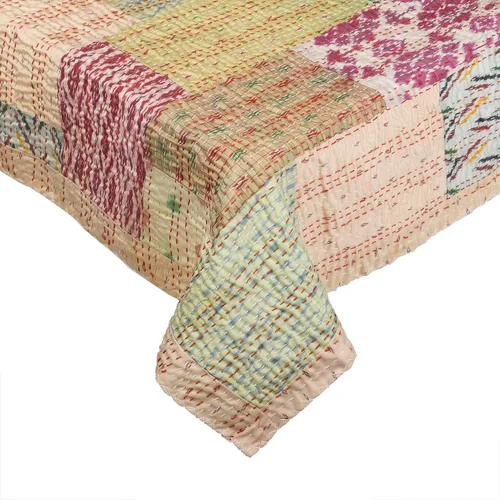 Vista 4 de Marubhumi Colcha india hecha a mano de seda india Sari Kantha acolchado patchwork (beige, individual (60 x 90 pulgadas)
