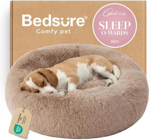 Vista 26 de Bedsure - Cama calmante para perros pequeños y medianos, lavable, con forma de dona, antideslizante, afelpada, esponjosa, pelo sintético, cama