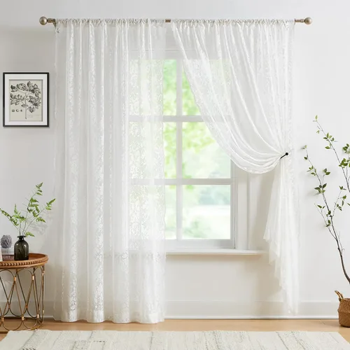 Jubilantex Cortinas traslúcidas de encaje blanco de punto floral con borde festoneado 95 pulgadas de largo, cortinas filtrantes de luz para ventana