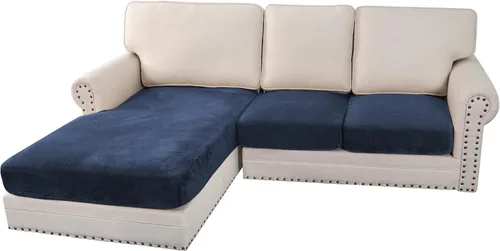 Vista 127 de H.VERSAILTEX - 4 fundas elásticas de terciopelo para cojín de sofá modular en forma de L (sofá grande de 3 plazas + 1 diván, color marfil)