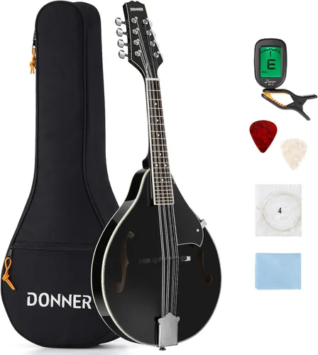 Donner - Mandolina estilo A en negro para principiantes, adulto, instrumento musical acústico de 8 cuerdas, paquete con afinador, cuerdas, bolsa y