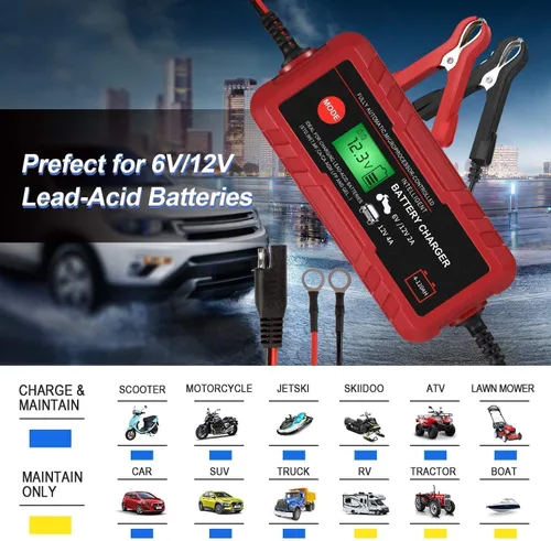 Vista 4 de Cargador de batería inteligente de automóvil 4A, cargador automotriz de 6 V 12 V, mantenedor completamente automático, cargador de goteo de 8 etapas