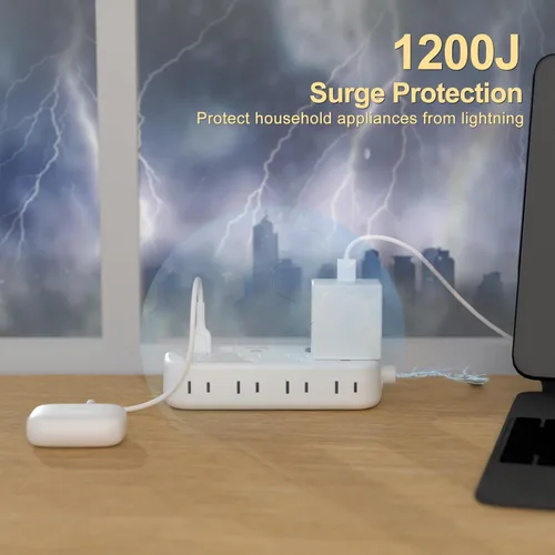 Vista 6 de Overtop Regleta protectora contra sobretensiones 12 en 1, 8 tomacorrientes, 4 USB (2 puertos USB C), extensor de salida de pared compacto, enchufe