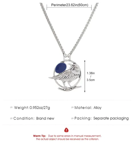 Vista 4 de Zeshimb Collar de pájaro con piedras preciosas de plata, cadena de cuervo, collar con colgante de cuervo de cristal azul, collar de clavícula
