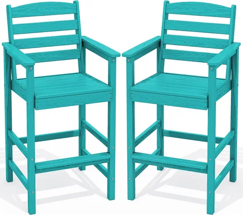 Vista 19 de SERWALL: Juego de 2 sillas Adirondack altas con mesa conectada, taburetes de exterior para todo clima, color azul Aruba