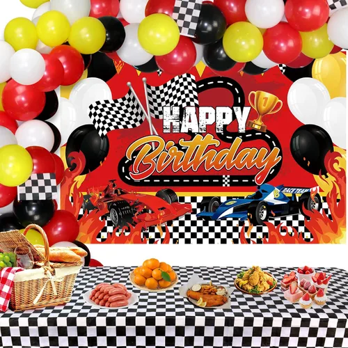 Suministros de decoración de fiesta de cumpleaños de coche de carreras con telón de fondo de coche de carreras de feliz cumpleaños, mantel y