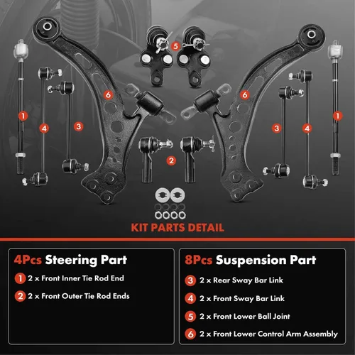 Vista 3 de A-Premium Juego de 12, brazo de control inferior, rótula inferior, extremo de barra de acoplamiento exterior interior, barra estabilizadora