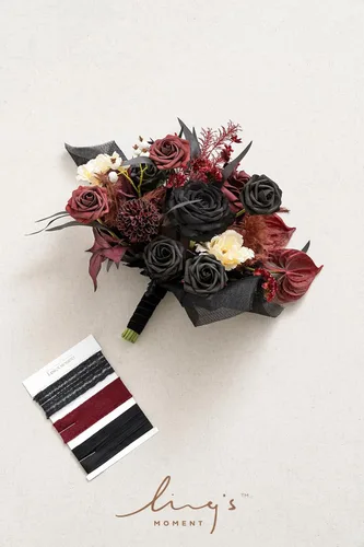 Vista 8 de Ling's moment Ramos de boda negros y burdeos para novia, ramos de novia góticos para novia, ramo de flores artificiales de 13 pulgadas de forma libre