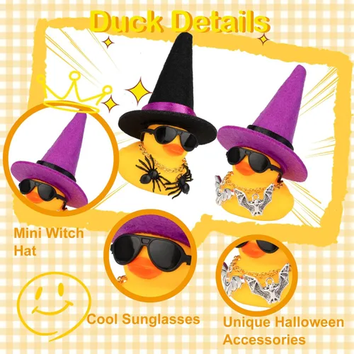 Vista 2 de Paquete de 2 patos de Halloween para automóvil, decoraciones de tablero de automóvil con mini sombrero de bruja, lentes de sol, accesorios