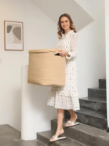 Vista 8 de Canasta de almacenamiento rectangular extragrande de 22"x14"x18" con tapa, gran canasta de cuerda de algodón, canasta de lavandería tejida