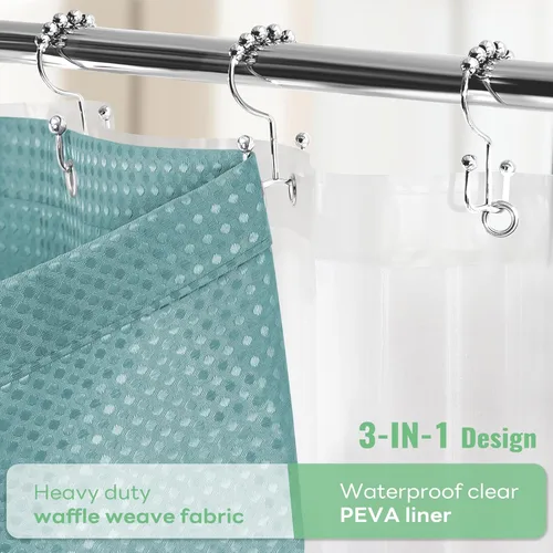 Vista 358 de Cortina de ducha de tela Dynamene verde oscuro - Cortinas de baño de tela de nido de abeja texturizadas resistentes, juego de cortinas de baño