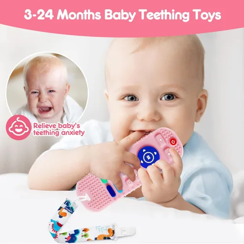 Vista 4 de Paquete de 2 juguetes de dentición de silicona para bebés, juguetes de dentición con forma de control remoto para bebés de 6 a 12 meses, sin BPA