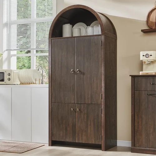 Vista 8 de IFGET Despensa de cocina arqueada de 71 pulgadas de alto, moderno armario de almacenamiento de madera estriada con puertas, 3 estantes ajustables, 6
