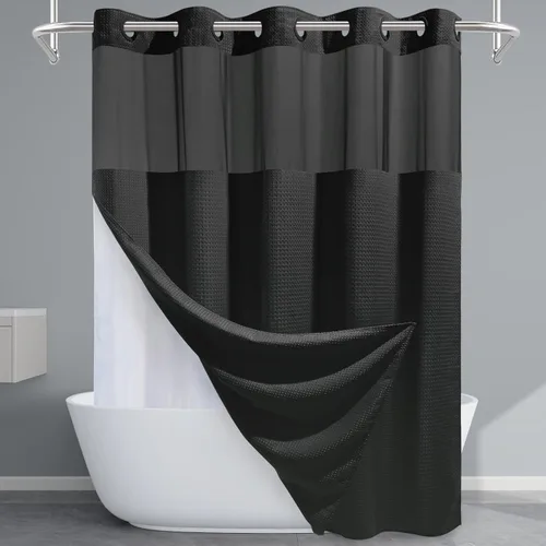 EUTXL Cortina de ducha larga sin gancho con forro a presión, 230 GSM, tejido de punto gofre, 71 pulgadas de ancho x 74 pulgadas de alto, negro