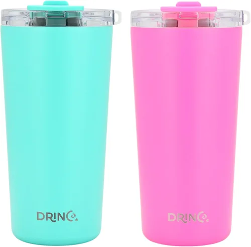 Vista 14 de Drinco - Vaso de acero inoxidable de 20 onzas Taza aislada al vacío de doble pared con tapa, 2 popotes, para bebidas calientes y frías