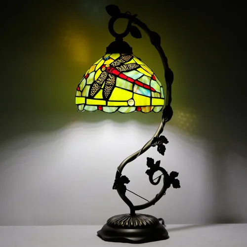 Vista 7 de Tiffany Lamp Stained Glass Table Lamp Metal Leaf Desk Reading Light 8X10X21 Inch Decor Small Space Bedroom Home Office (Green Red Dragonfly)