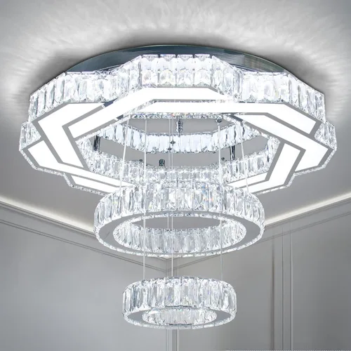 Vista 11 de 40 cm Moderna lámpara de araña de cristal con 2 anillos, lámpara de techo redonda de montaje empotrado con flores LED, lámparas de araña regulables