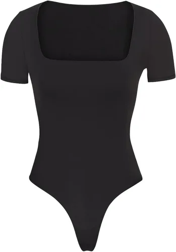 Vista 6 de AGGRAD Women's Sexy Casual Square Neck Double Lined Short Sleeve Slimming Going Out Tank Top Thong Bodysuits Black