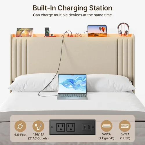Vista 60 de Gizoon Base de cama matrimonial con cabecera de ala, plataforma tapizada con cabecera geométrica moderna, listones de madera, sin ruido, no necesita