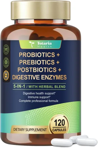Totaria Prebiótico y postbiótico 5 en 1 para mujeres y hombres, 60 mil millones de UFC, 24 cepas con enzimas digestivas, fibra prebiótica, olmo