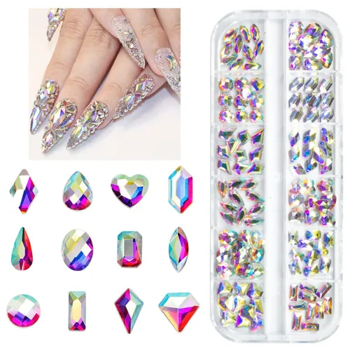 Vista 24 de 120 diamantes de imitación para uñas Aurora transparentes con luz de luna, 12 formas, gemas grandes, diamantes de imitación de parte trasera plana