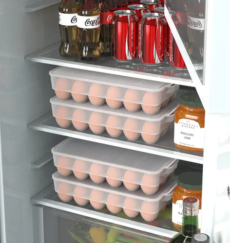 Vista 6 de Soporte para huevos cubierto transparente, paquete de 3, almacenamiento de huevos de plástico para refrigerador, contenedor de bandeja de huevos