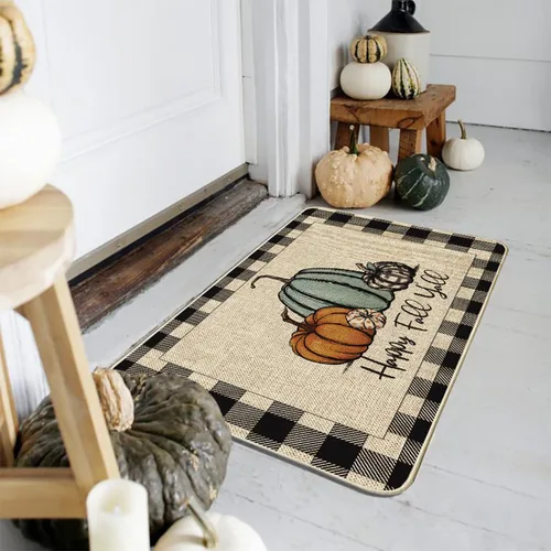 Vista 4 de Felpudo "Happy Fall Y'all" de otoño con diseño de calabaza a cuadros de búfalo, alfombras de pasillo de granja de otoño, tapete de piso de entrada