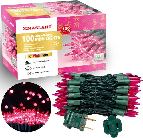 Vista 7 de Juego de luces de Navidad rosadas ultra brillantes conectables, 100 unidades, 19.6 pies, bombilla incandescente, mini tira de luces para interiores