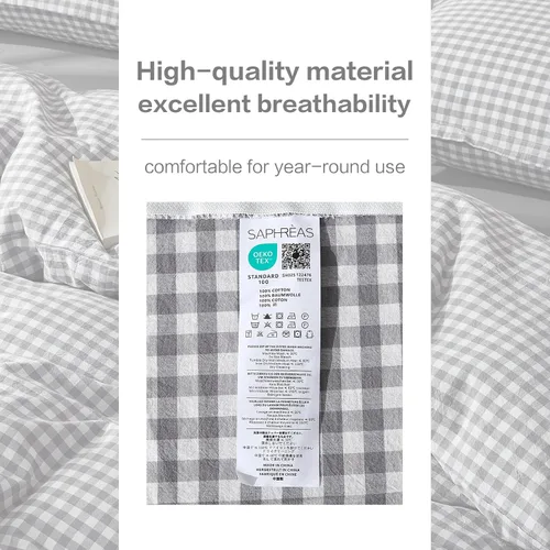 Vista 274 de SAPHREAS Juego de funda de edredón de algodón, tamaño King, a cuadros color gris oscuro y gris, geométrico, 3 piezas, 1 funda de edredón y 2 fundas