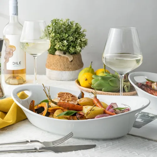 Vista 4 de YHOSSEUN Tazón grande para servir con asas, 1.5 cuartos de galón ovalado para pavo, platos de servir de Acción de Gracias para entretenimiento