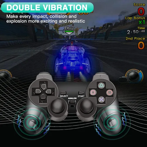 Vista 6 de Controlador con cable para consola PS2 controlador de juego de doble vibración Gamepad remoto para Playstation 2 PS2 con cable largo negro