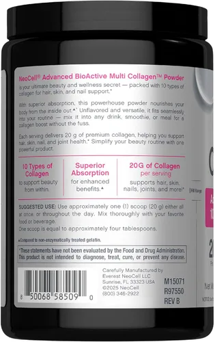 Vista 3 de NeoCell Super Multi Collagen Peptides Powder 9oz 10 tipos de colágeno Piel, cabello y uñas Suplemento de belleza Polvo sin sabor Para