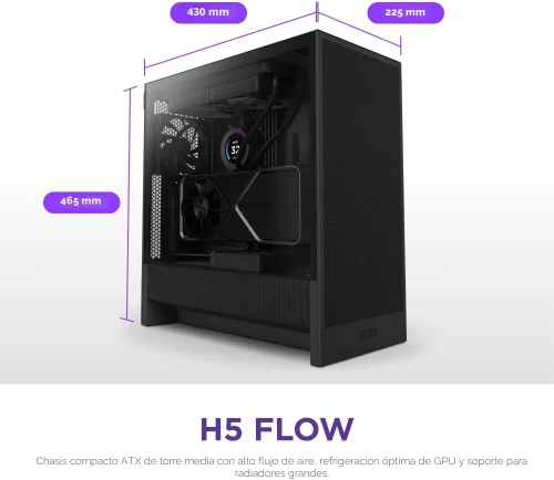 Vista 2 de NZXT H5 Flow 2024 - Carcasa compacta ATX para juegos de PC de media torre - Alto flujo de aire - 2 ventiladores de 4.724 in incluidos - Soporte