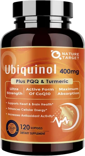 NATURE TARGET Ubiquinol CoQ10 400 mg de cápsulas de gel con PQQ y cúrcuma, suplemento de coenzima Q10 de alta absorción con ALA y pimienta negra,