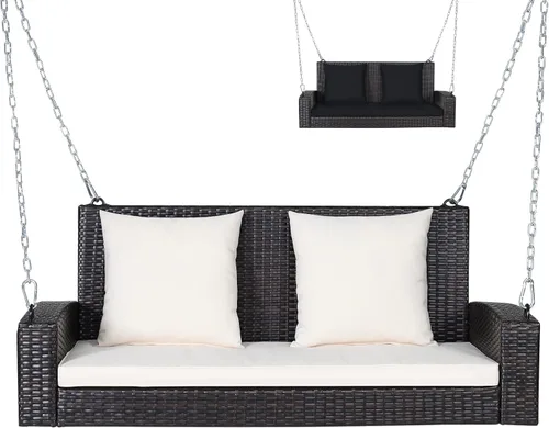 Vista 13 de RELAX4LIFE - Columpio de mimbre de 2 asientos, con dos cadenas de acero sólido de 7.9 pies, cómodos cojines de respaldo y asiento, para pórtico