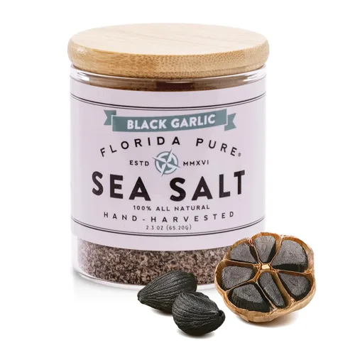 FLORIDA PURE Sal marina de ajo negro – 80+ sal marina mineral, natural, sin refinar, no yodada – para hornear, cocinar, condimentar y mejorar el