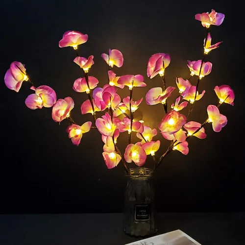 Vista 8 de Paquete de 2 luces LED de árbol de orquídea de mariposa, funciona con pilas, lámpara decorativa de árbol iluminada, ramas iluminadas, luces LED