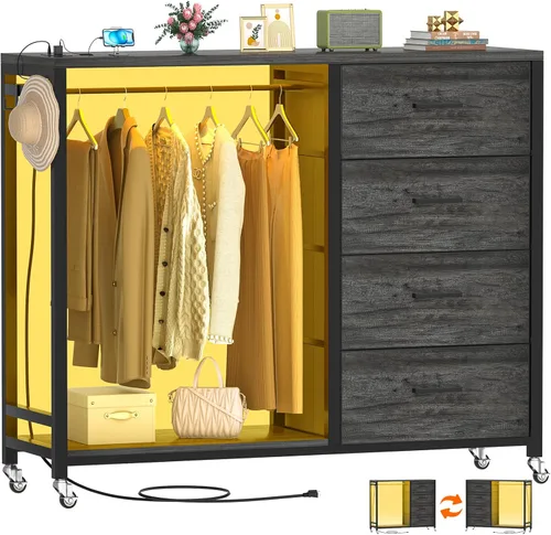 Vista 11 de Cyclysio Cómoda con estante para colgar, 4 cajones de tela con perchero, cómoda de almacenamiento superior de madera con estación de carga y luces