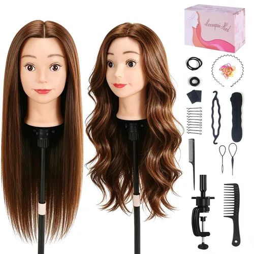 Cabeza de maniquí 80% cabello humano, resistente al calor para rizar y Marrón