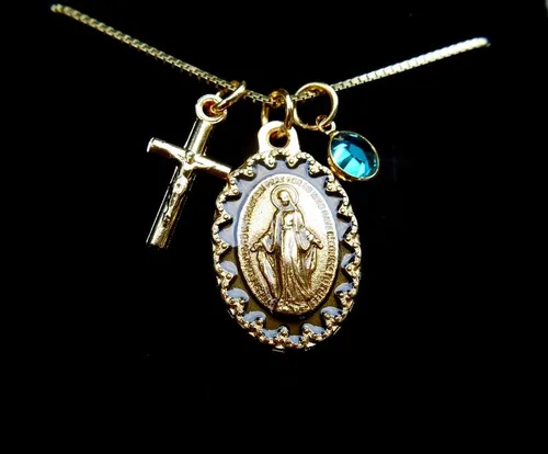 Vista 3 de Gold Tone Miraculous Medal -20" Gold Plated 925 Sterling Silver Box Chain, Tiny Crucifix Charm, Personalized Crystal Birthstone Confirmation Gift