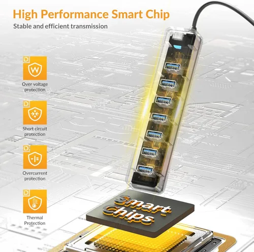 Vista 5 de iDsonix Hub USB 3.0 de 7 puertos, divisor USB de 5 Gbps, adaptador multipuerto con cable de 0.5 pies de largo, concentrador extensor USB
