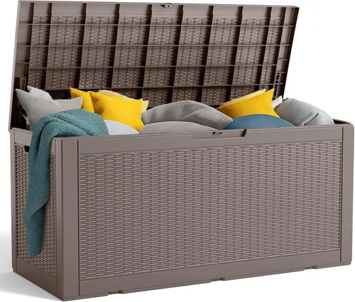 Vista 6 de Caja de resina de 30 galones para terraza, caja de almacenamiento para patio al aire libre con cierre para muebles, herramientas de jardín