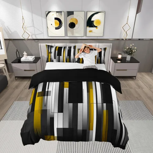 Vista 20 de Funda de edredón cuadrada azul, juego de ropa de cama de cuadrícula gris y blanca, funda de edredón moderna para decoración de habitación de niños