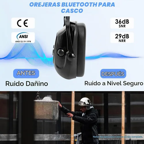 Vista 6 de Aolamegs Orejeras con Bluetooth para casco duro, NRR de 26 db, con cancelación de ruido, orejeras para llamadas, música, protección auditiva