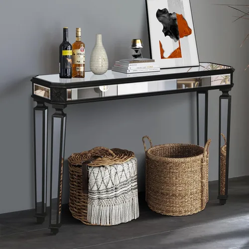 Vista 25 de SSLine Mesa de consola negra con espejo para sala de estar, mesa de entrada moderna de espejo de 43 pulgadas con base de cristal en forma de O