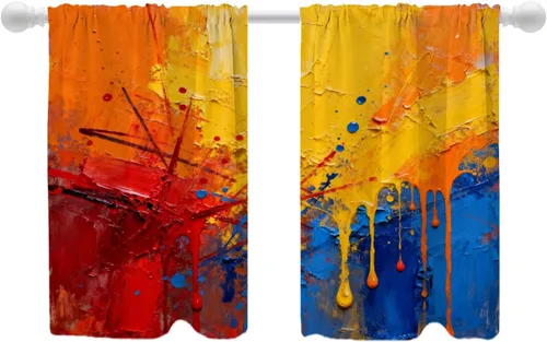 Vista 30 de Shrahala Beige and Orange Abstract Art Brushstrokes Tier Curtains for Kitchen Windows, Abstract Oil Paint Cafe Curtain Multilayer Polyester Blackout