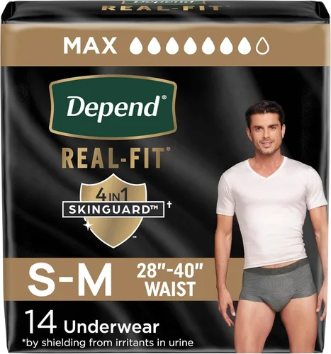 Vista 18 de Depend Real Fit - Pañales para adultos, ropa interior para incontinencia para hombre, desechable, máxima absorción, S/M, negro, 56